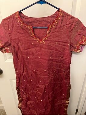 Ethnic Indian Wear Maroon Kurti (Tunic) and scarf with Gold Embroidery